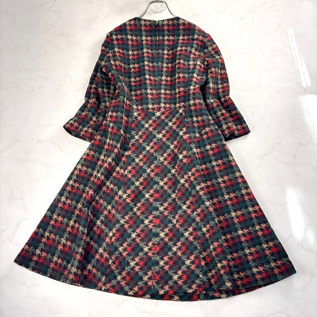 現行 美品✨銀座マギー ツイードロングワンピース フレア ハウンドトゥース柄 L