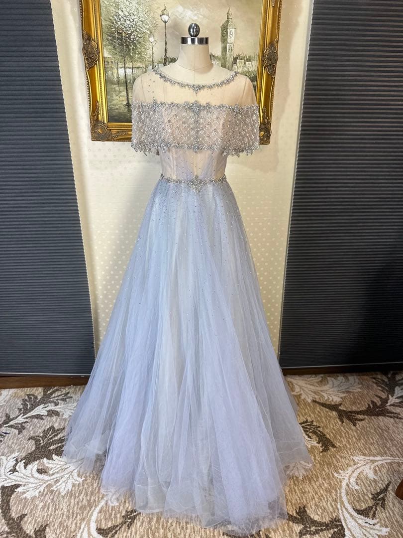 ビーズ刺繍オフショルダーライトブルーロングドレス