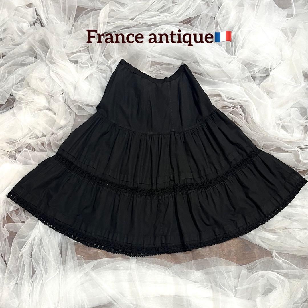 フランス アンティーク コットンレース スカート ペチコート ブラック 後染め