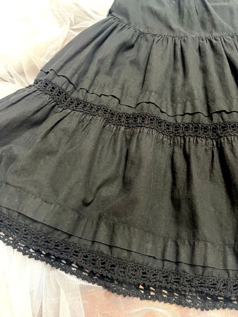 フランス アンティーク コットンレース スカート ペチコート ブラック 後染め