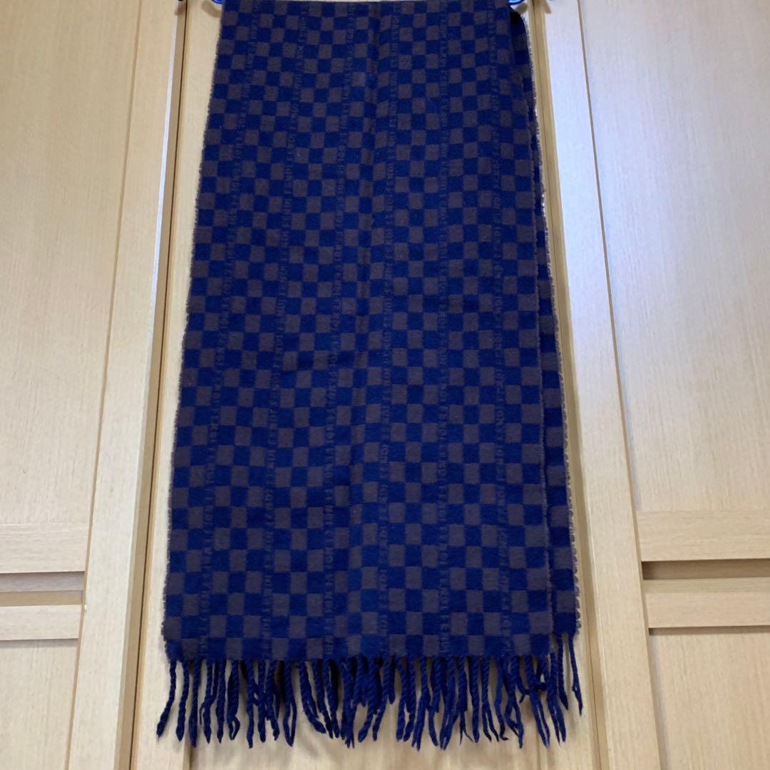 【美品】FENDIフェンディマフラーチェッカー柄 ウールマフラーストールショール