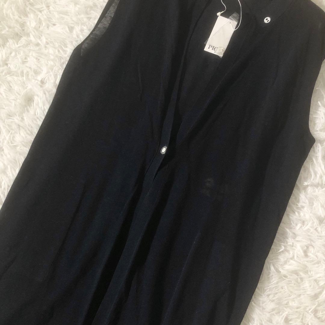 新品未使用 ピッコーネ 24SS 麻混ロングニットベスト ロゴ刺繍 ネイビー