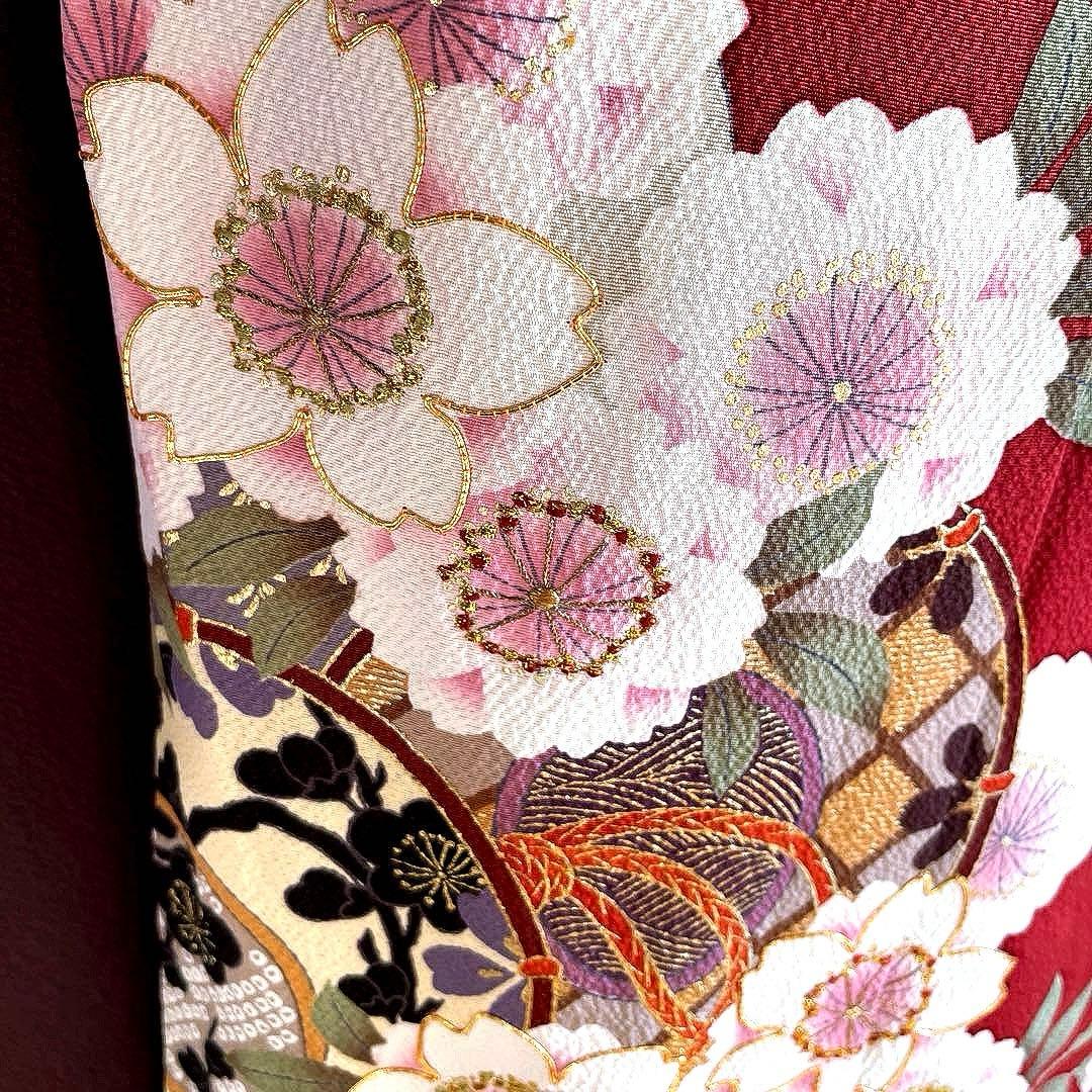 振袖フルセット　灰紫　錆朱　染分け　手描き友禅　成人式振袖　振袖