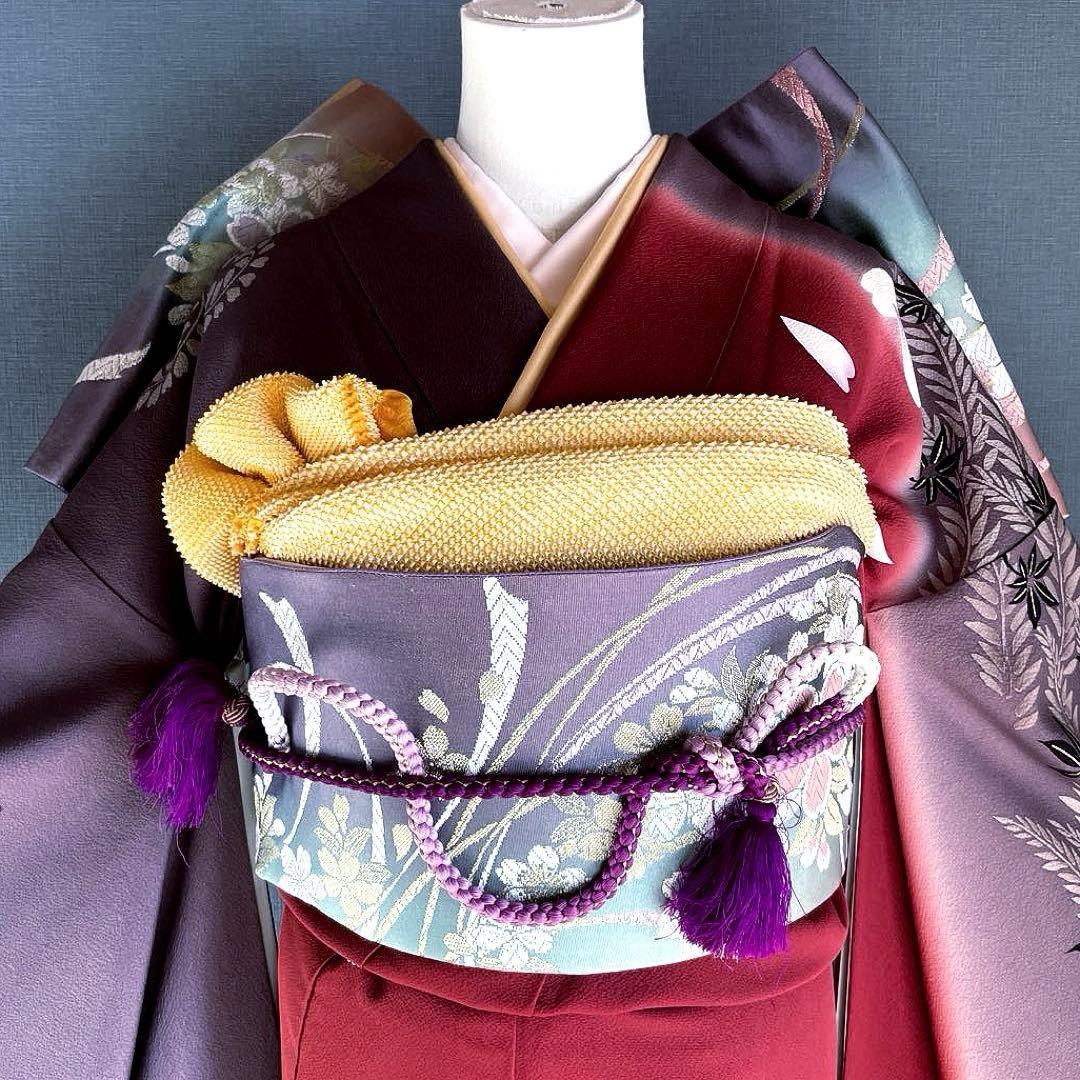 振袖フルセット　灰紫　錆朱　染分け　手描き友禅　成人式振袖　振袖