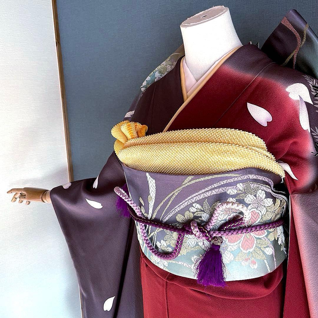 振袖フルセット　灰紫　錆朱　染分け　手描き友禅　成人式振袖　振袖