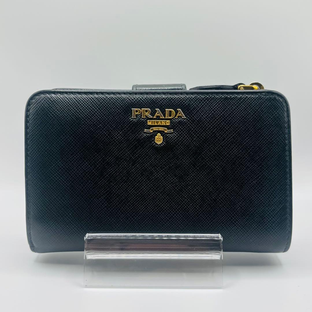 希少◎ PRADA プラダ サフィアーノ レザー 折り財布 ブラック ロゴ