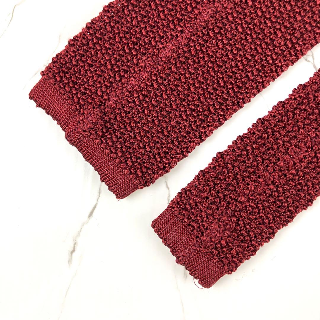 美品　エルメス　ネクタイ　ニットタイ　マルチドット　スクエアエンド　ボルドー