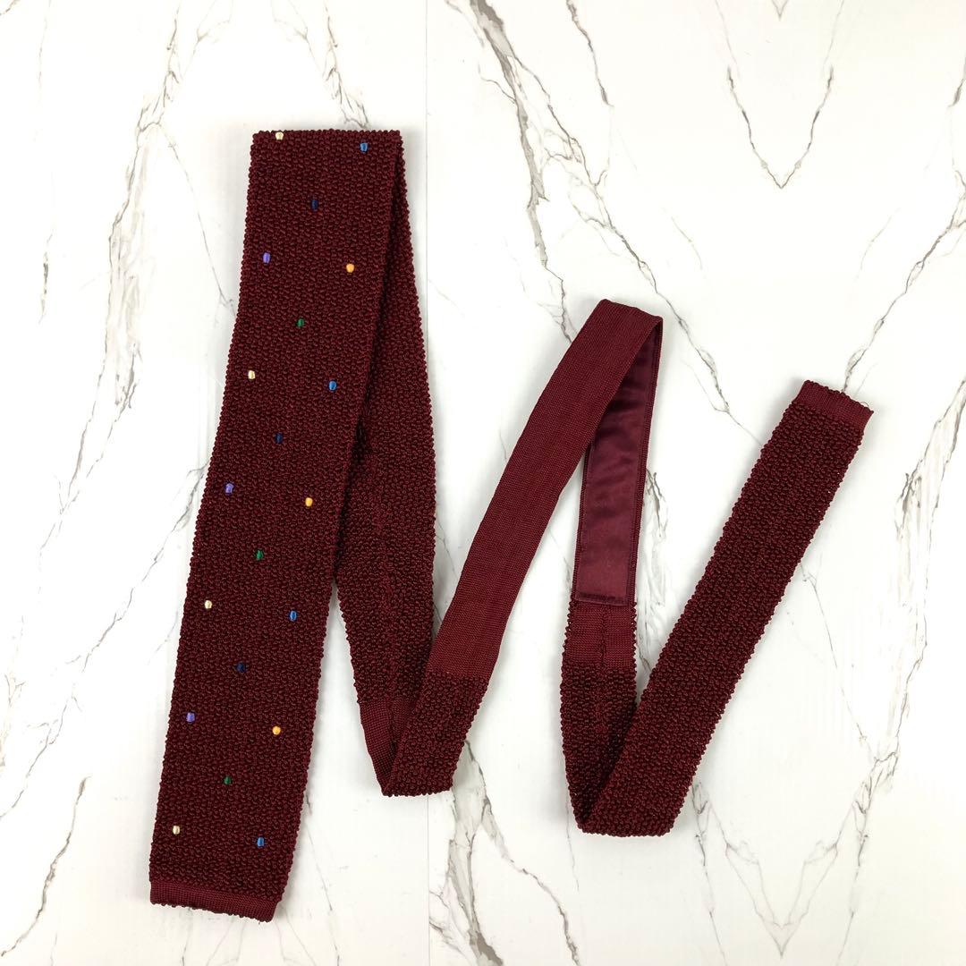美品　エルメス　ネクタイ　ニットタイ　マルチドット　スクエアエンド　ボルドー