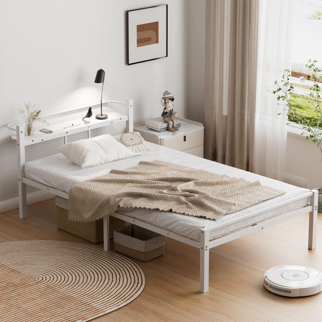 ベッドフレーム シングル ベッド 宮棚 2口コンセント パイプベッド ホワイト