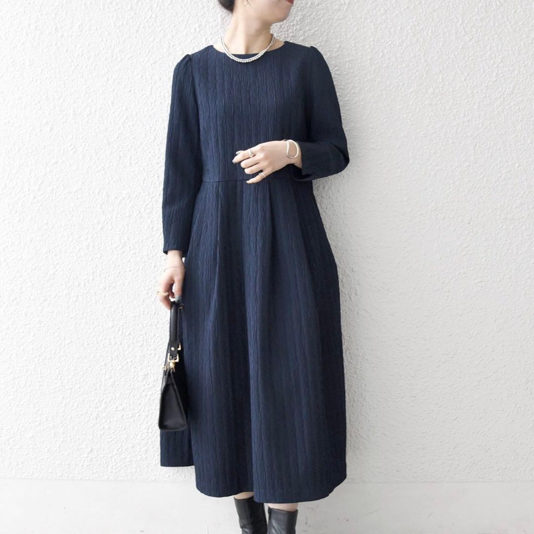 【完売品】SHIPS anyジャカードウエストタック ノーカラーワンピース