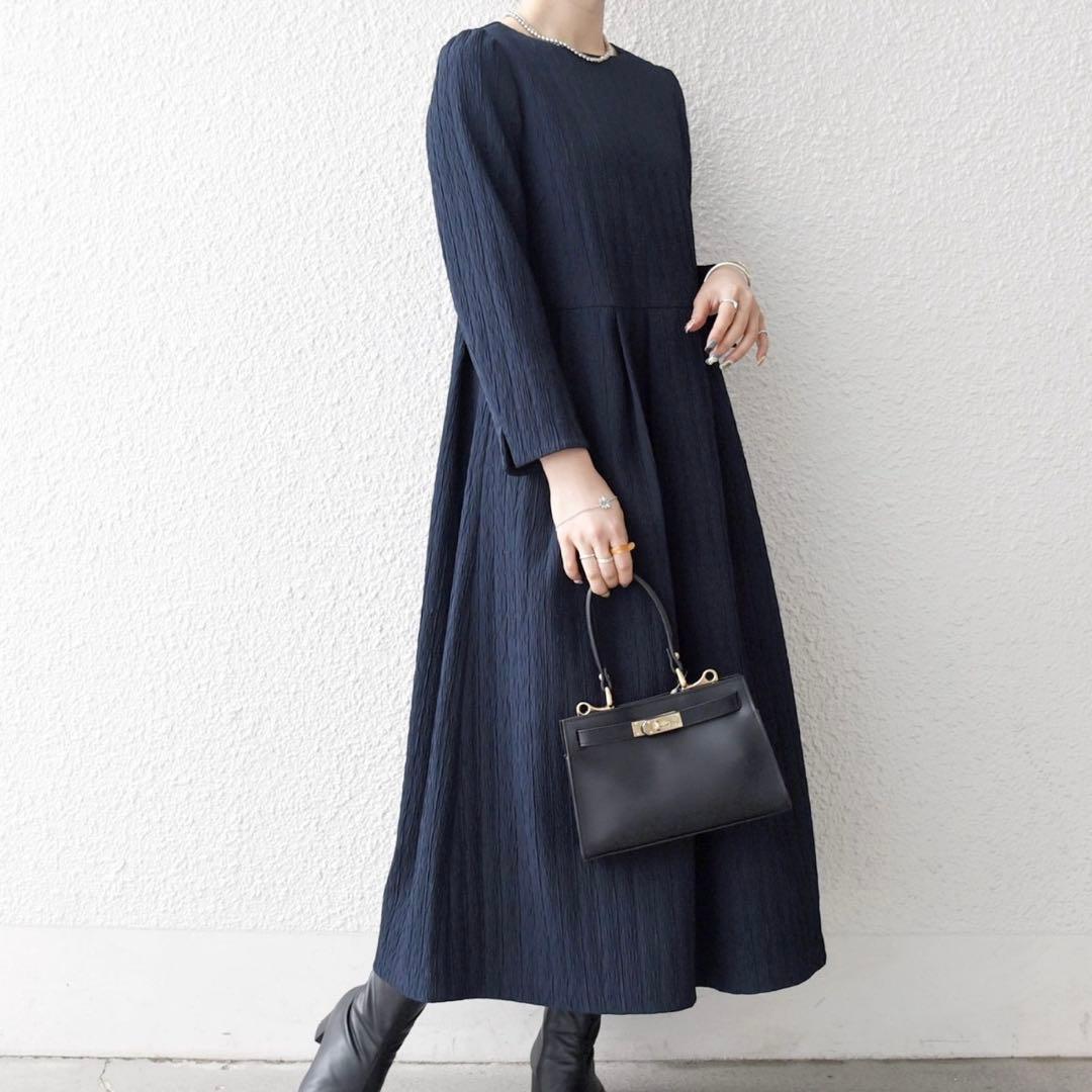 【完売品】SHIPS anyジャカードウエストタック ノーカラーワンピース