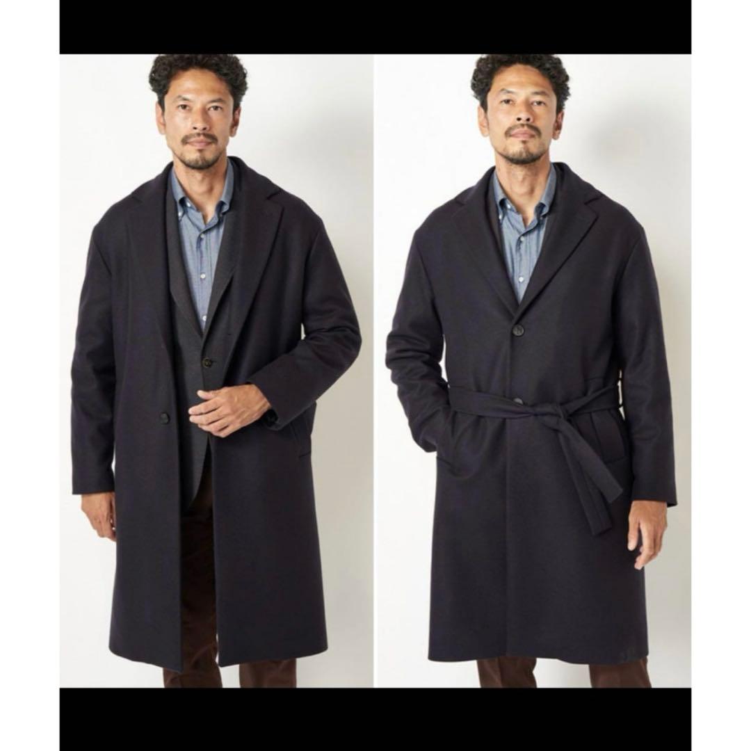 美品 hevo 48 L ネイビー ベルテッドコート 48 メンズビギ別注