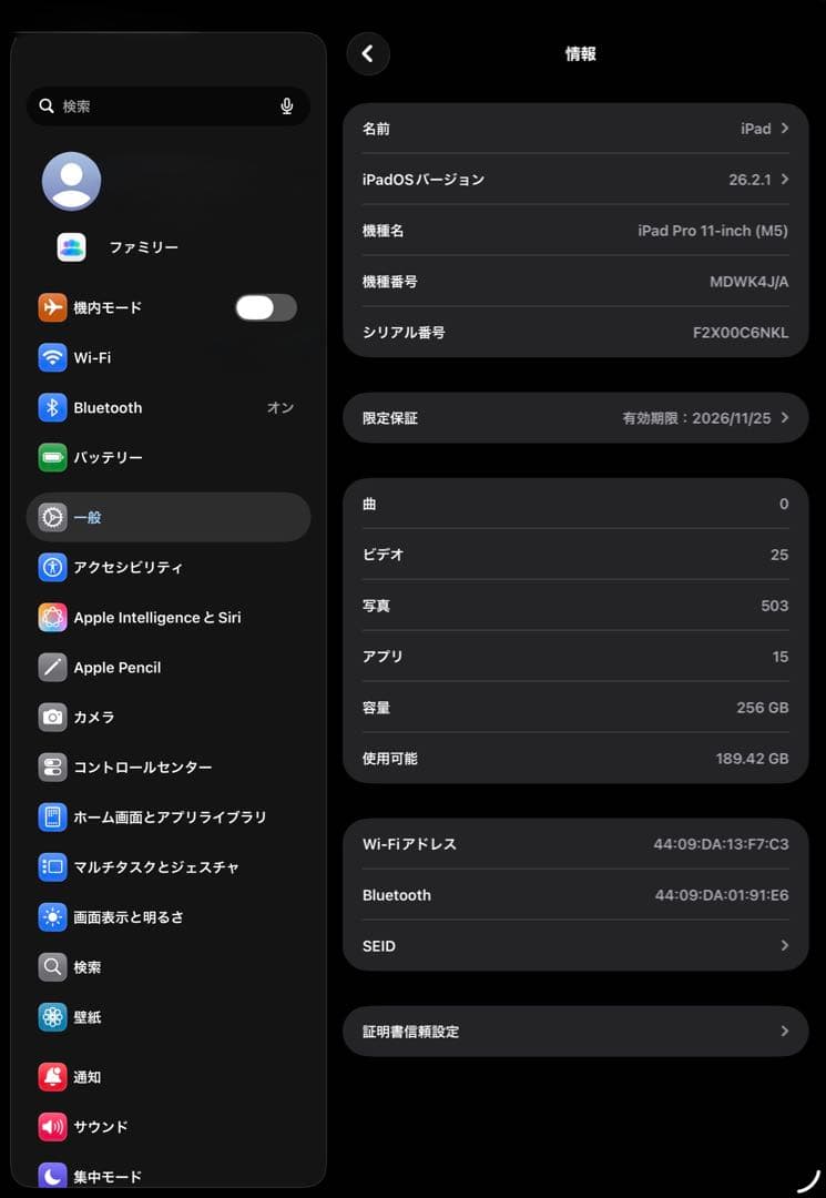 Apple iPad pro 11 M5スペースグレー 256GB