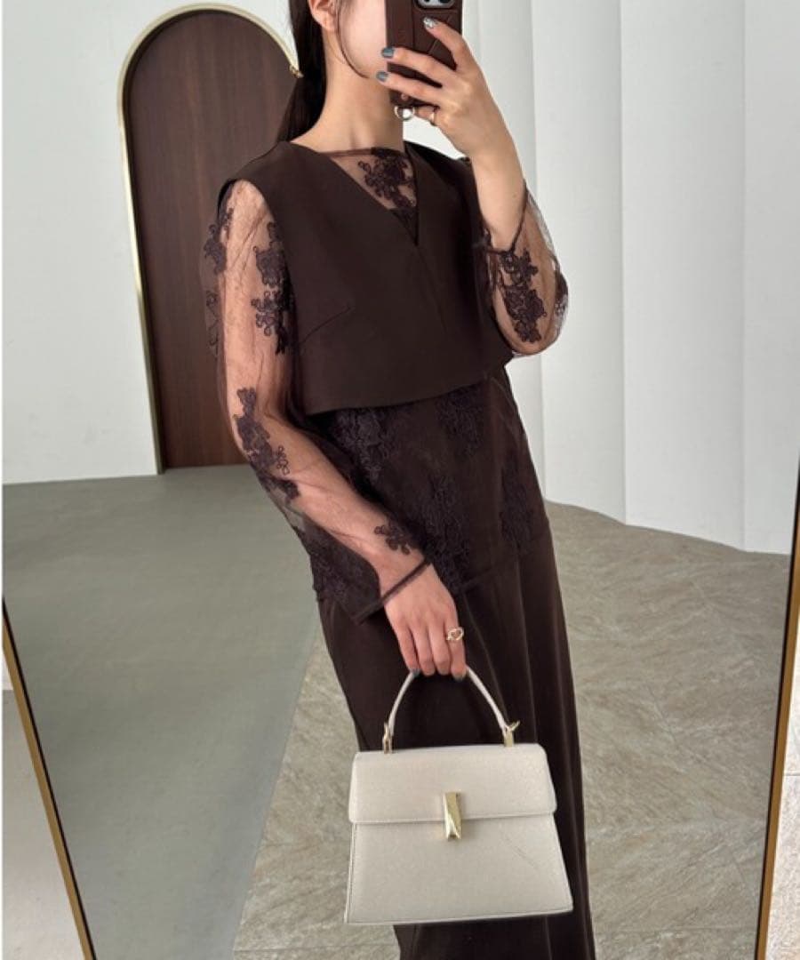 「お呼ばれドレス」マルチレイヤードドレス　ブラウン