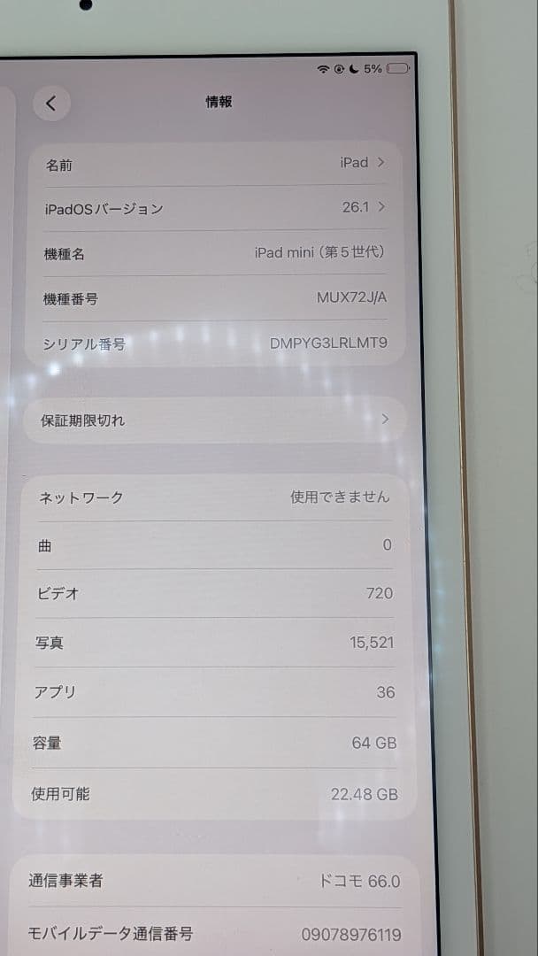 【セルラー】iPad mini 5 64GB ゴールド docomo 本体のみ