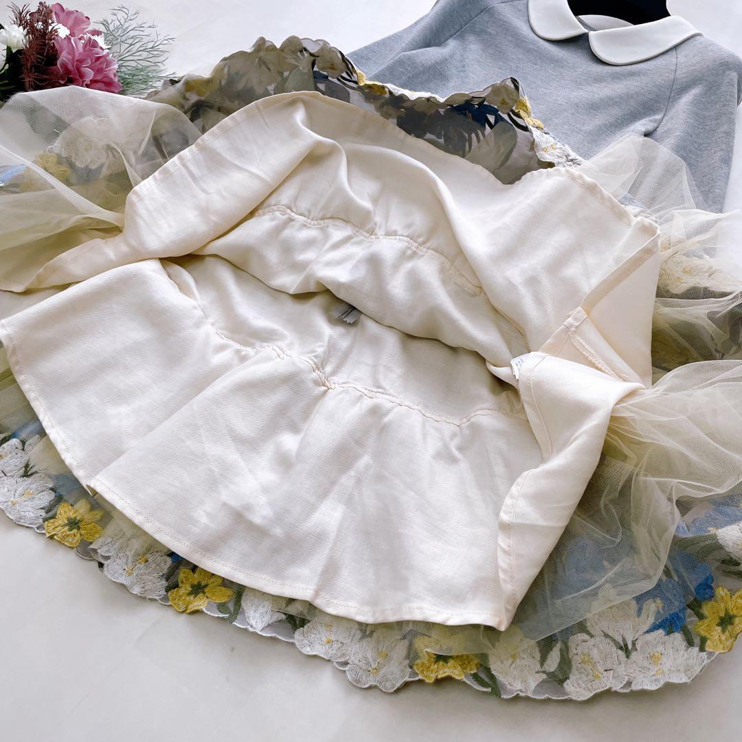 極美品✨モナリザ フラワー刺繍 ドッキングワンピース 白襟 チュール 10Y