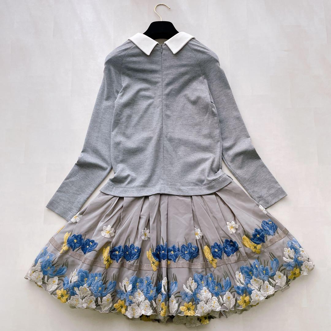 極美品✨モナリザ フラワー刺繍 ドッキングワンピース 白襟 チュール 10Y