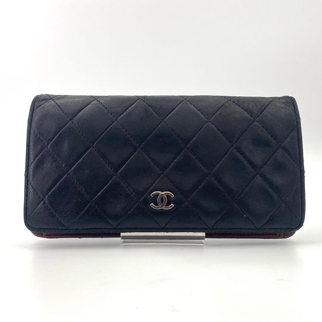 CHANEL シャネル ラムスキン マトラッセ 二つ折り 長財布 ココマーク 黒