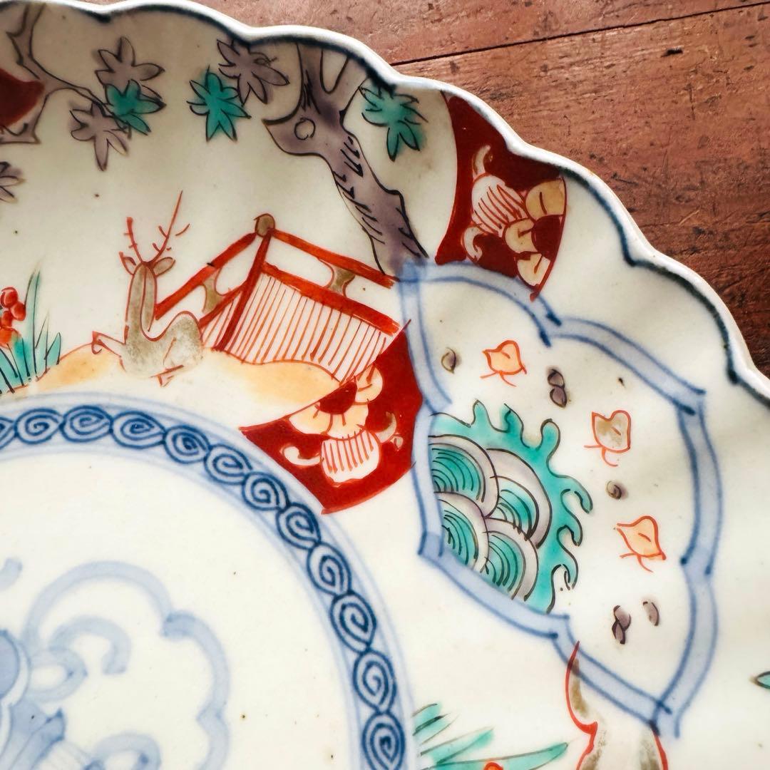 空一月-星様用 伊万里赤絵輪花皿 波千鳥鹿文一枚　伊万里　金彩色絵草花文一枚