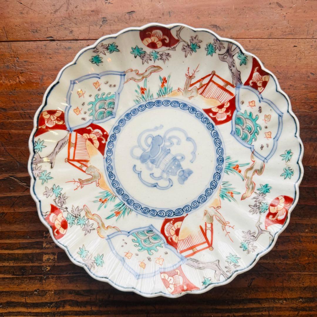 空一月-星様用 伊万里赤絵輪花皿 波千鳥鹿文一枚　伊万里　金彩色絵草花文一枚