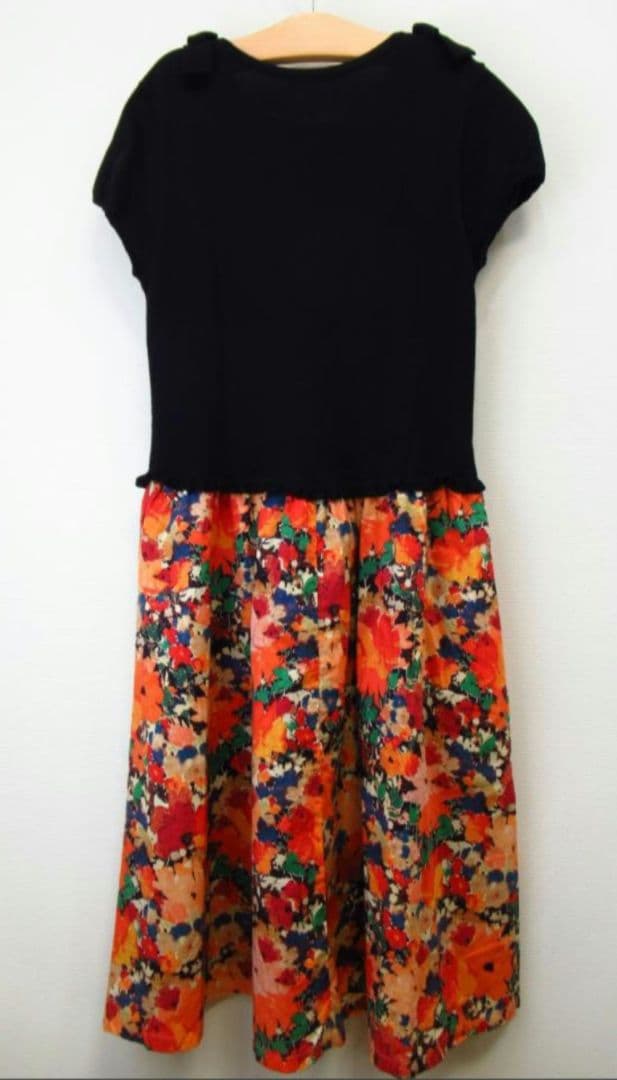 美品★ファミリア★切り替えワンピース　リバティ　肩リボン　ワッフル袖　160