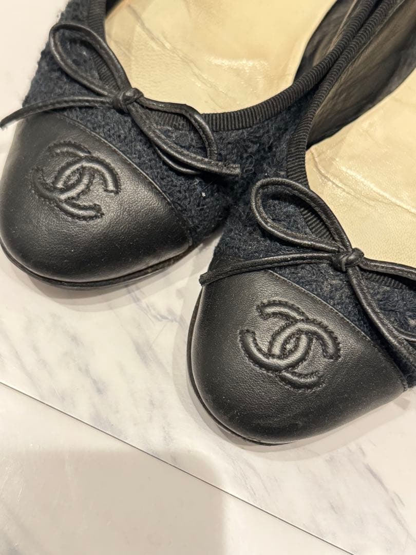 CHANEL シャネルバレエシューズ 黒ネイビーレースフラットシューズ36