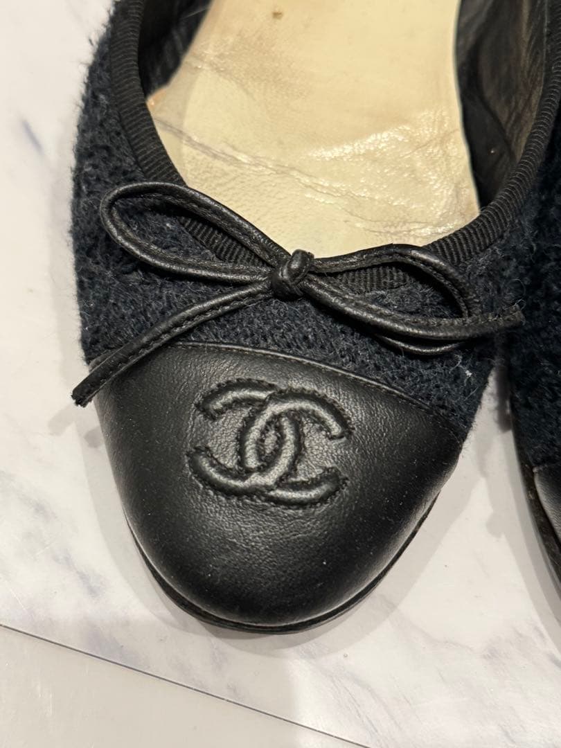 CHANEL シャネルバレエシューズ 黒ネイビーレースフラットシューズ36