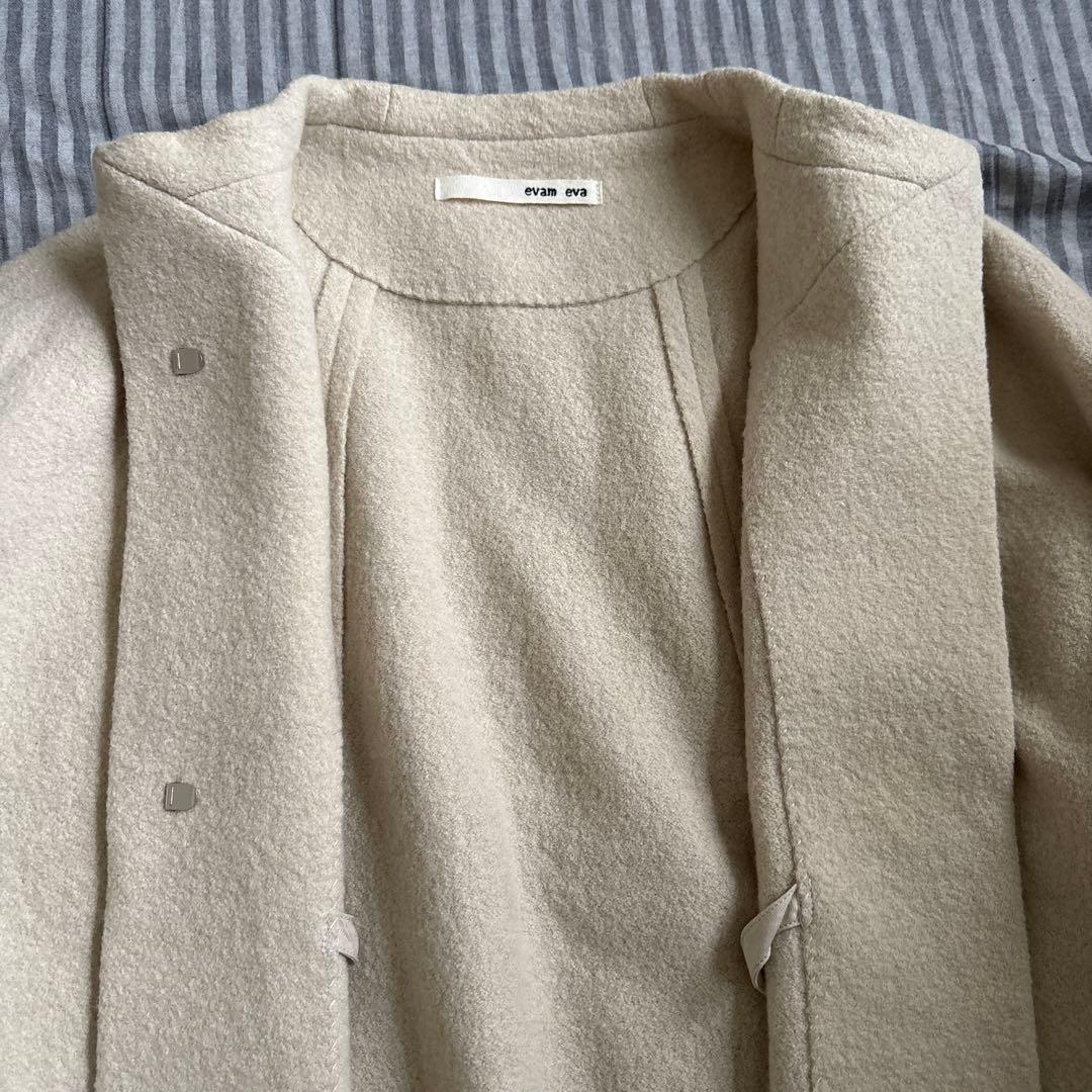 evam eva プレスウール ノーカラー ショート コート　アイボリー　1