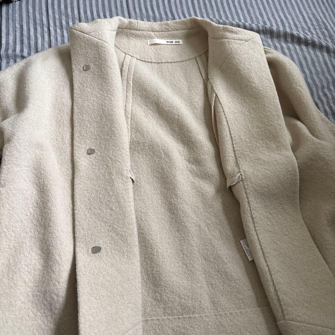 evam eva プレスウール ノーカラー ショート コート　アイボリー　1