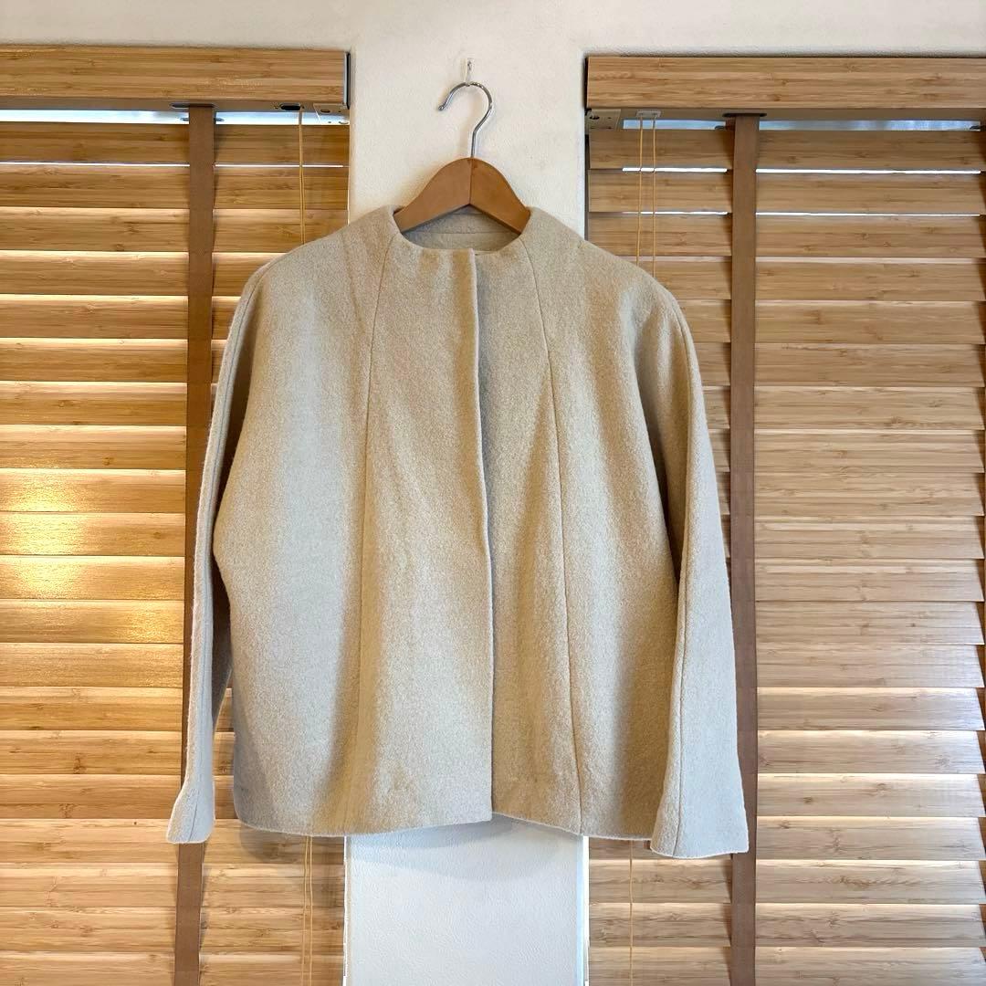 evam eva プレスウール ノーカラー ショート コート　アイボリー　1