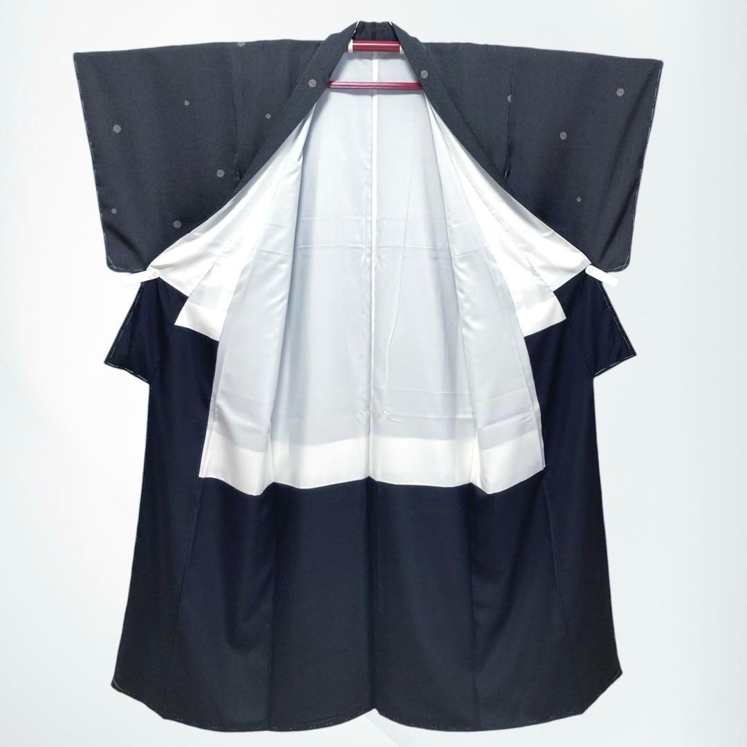 【未使用美品✨】東レシルック　洗える着物　小紋　水玉　黒色　泡　手縫い仕立てG3
