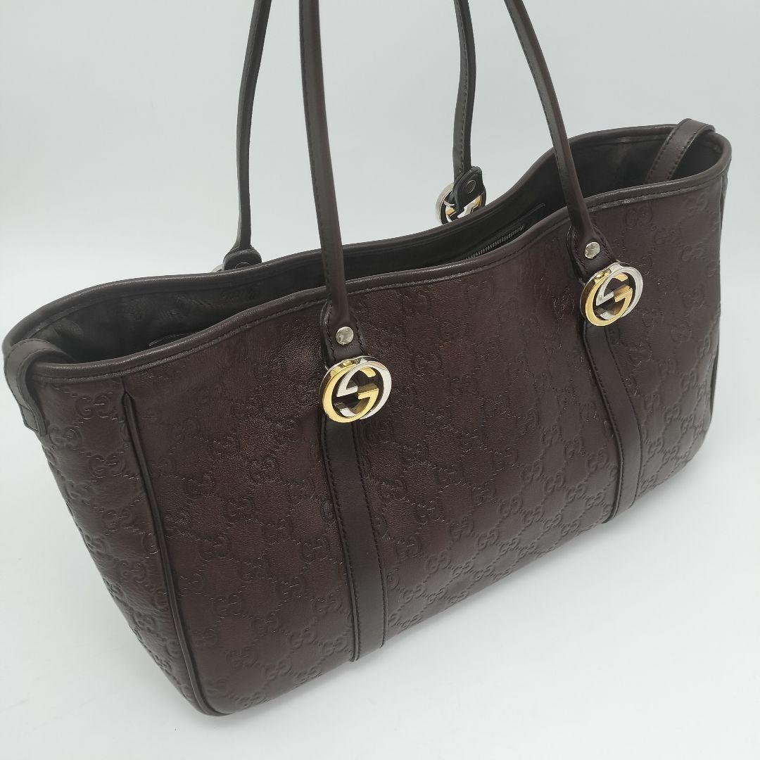 極美品✨グッチ　トートバッグ　シマレザー　ダークブラウン　GG柄