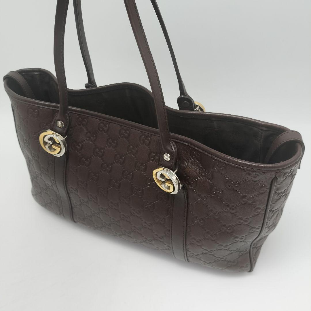 極美品✨グッチ　トートバッグ　シマレザー　ダークブラウン　GG柄