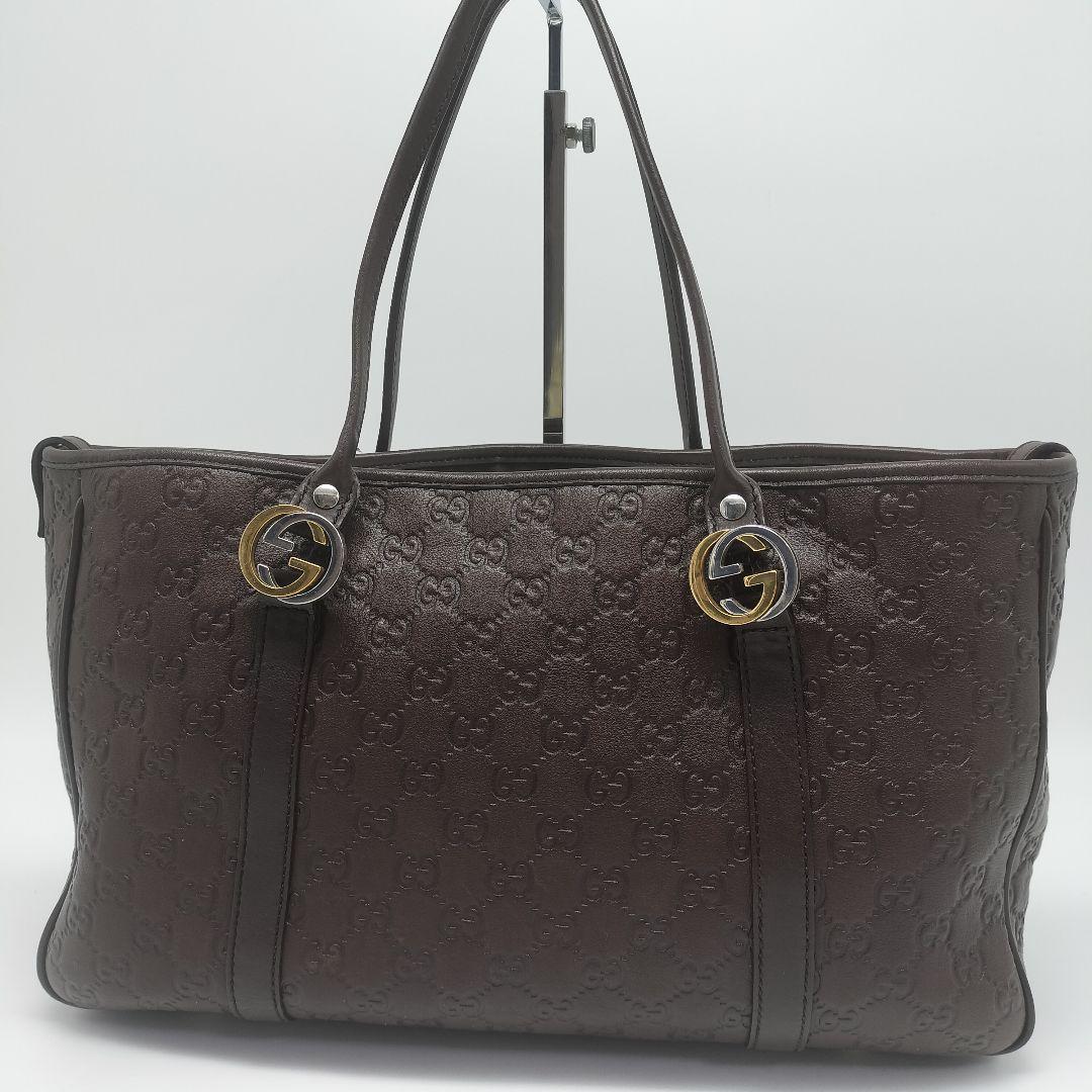 極美品✨グッチ　トートバッグ　シマレザー　ダークブラウン　GG柄