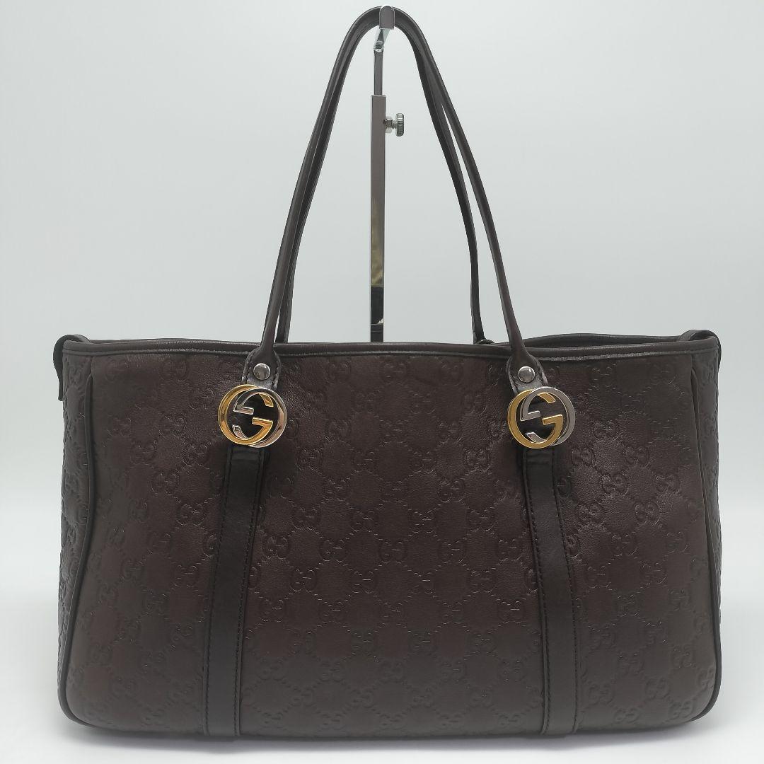 極美品✨グッチ　トートバッグ　シマレザー　ダークブラウン　GG柄