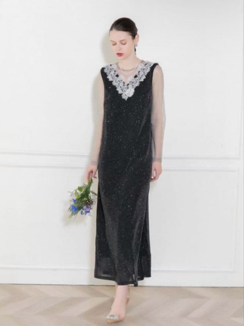 LEJA レースラメスリットロングワンピースドレス