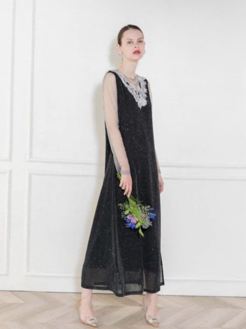 LEJA レースラメスリットロングワンピースドレス