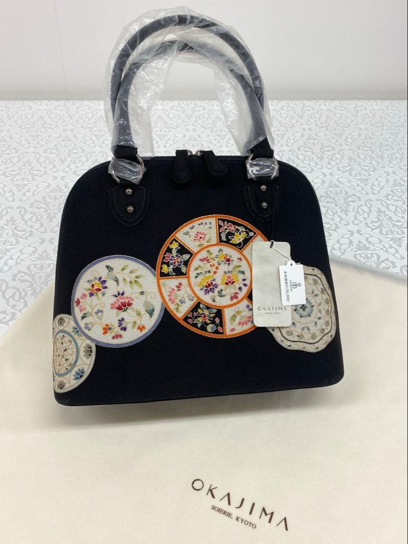 岡重謹製 未使用品 OKAJIMA バッグ 京友禅 金彩 絵皿文様 正絹 黒色