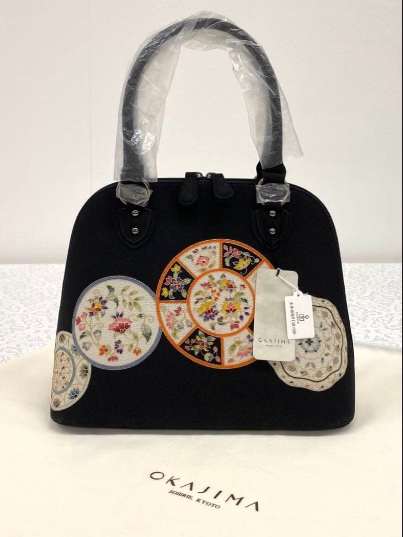 岡重謹製 未使用品 OKAJIMA バッグ 京友禅 金彩 絵皿文様 正絹 黒色