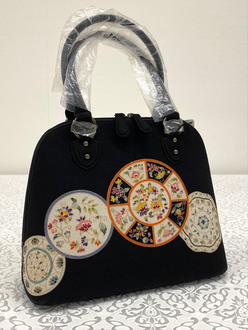 岡重謹製 未使用品 OKAJIMA バッグ 京友禅 金彩 絵皿文様 正絹 黒色