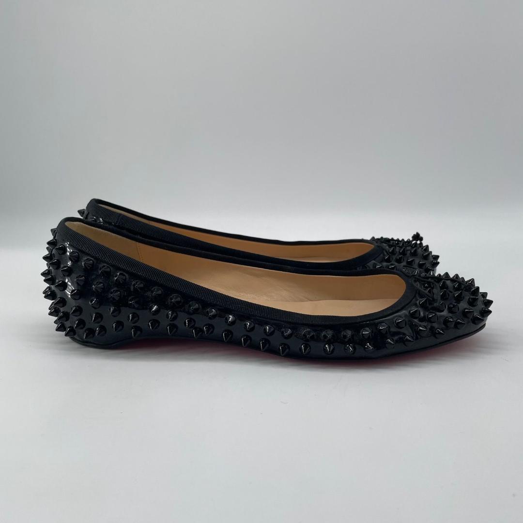 16516✨クリスチャンルブタン スタッズ リボン フラットシューズ ブラック