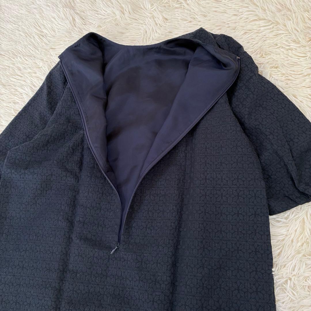 中川政七商店　麻混ワンピース　ジャガード　ふんわり袖　ゆったり　ポケット　紺