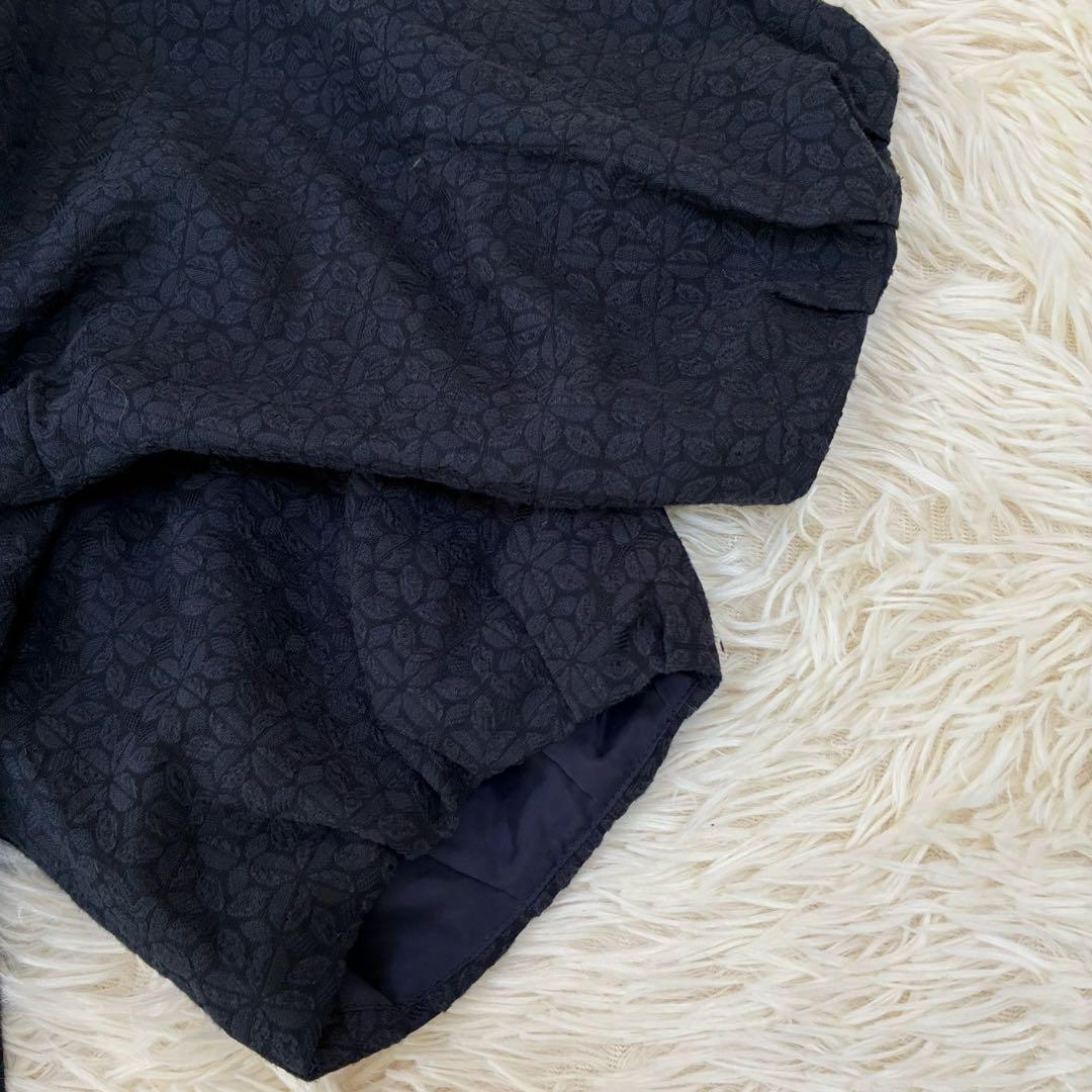 中川政七商店　麻混ワンピース　ジャガード　ふんわり袖　ゆったり　ポケット　紺