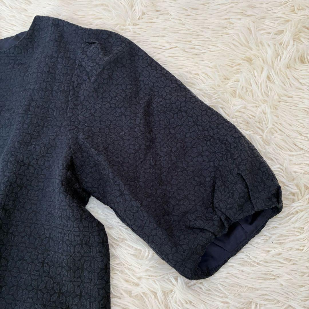 中川政七商店　麻混ワンピース　ジャガード　ふんわり袖　ゆったり　ポケット　紺