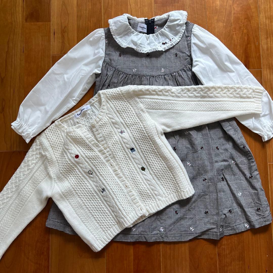 【にゅー】ファミリア　テリア柄ワンピース　110サイズ&カーディガン