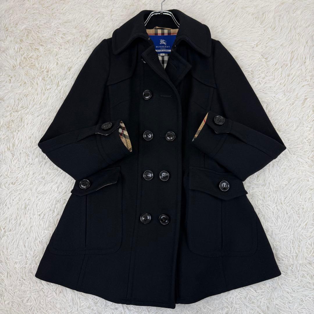 極美品 バーバリーブルーレーベル ウールコート アンゴラ チェック ダブル 黒