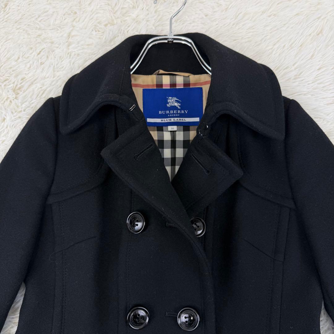極美品 バーバリーブルーレーベル ウールコート アンゴラ チェック ダブル 黒