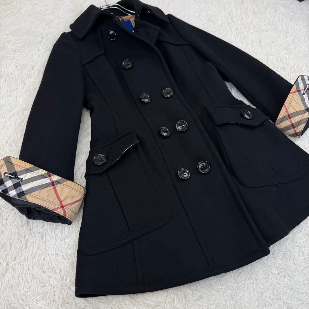 極美品 バーバリーブルーレーベル ウールコート アンゴラ チェック ダブル 黒