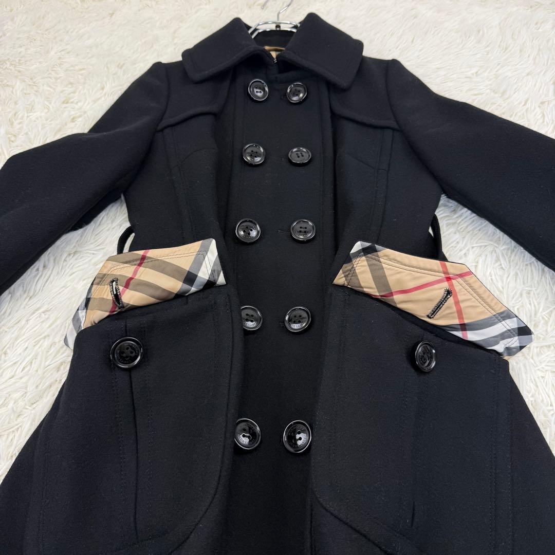 極美品 バーバリーブルーレーベル ウールコート アンゴラ チェック ダブル 黒