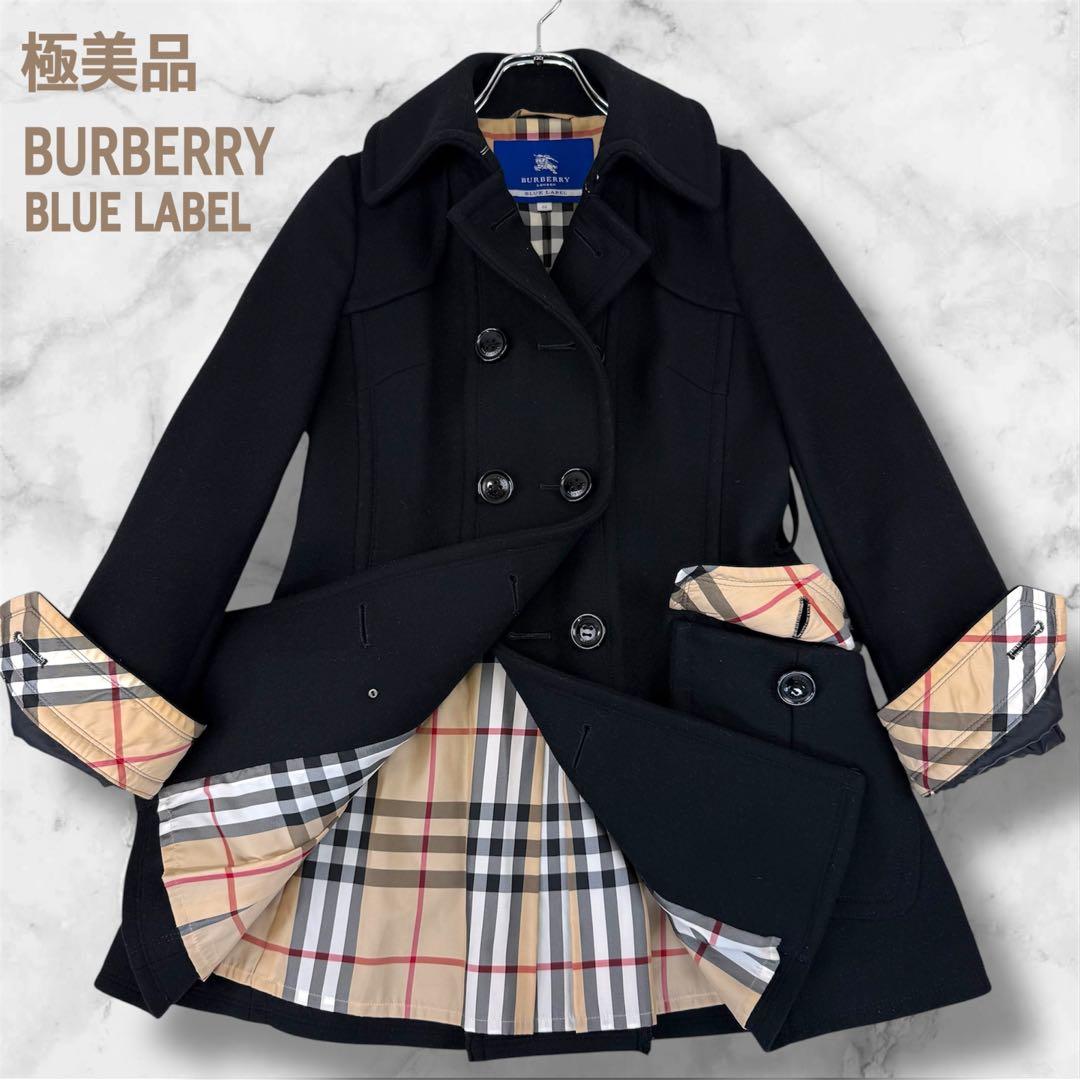 極美品 バーバリーブルーレーベル ウールコート アンゴラ チェック ダブル 黒